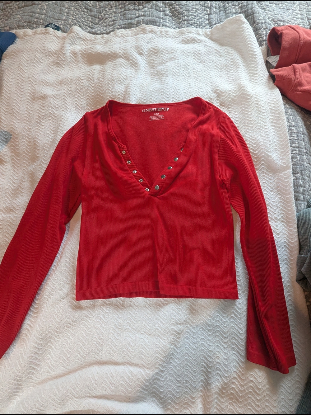 One Step Ahead Red V-Neck Long Sleeve Ribbed Top